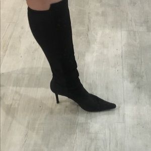 Black suede & fabric knee-high boots pointed toe